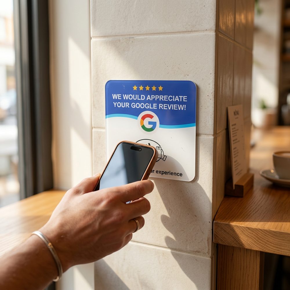 Gäst som scannar Google review NFC-kortet med mobilen vid entrén